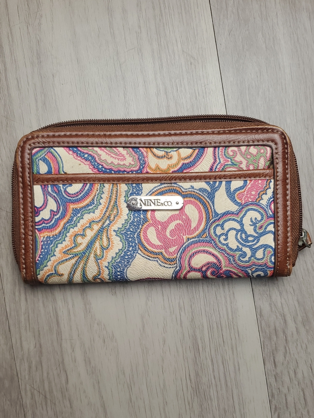 Nine & Co Women's Zip Around Wallet Brown Floral Paisley Multicolor